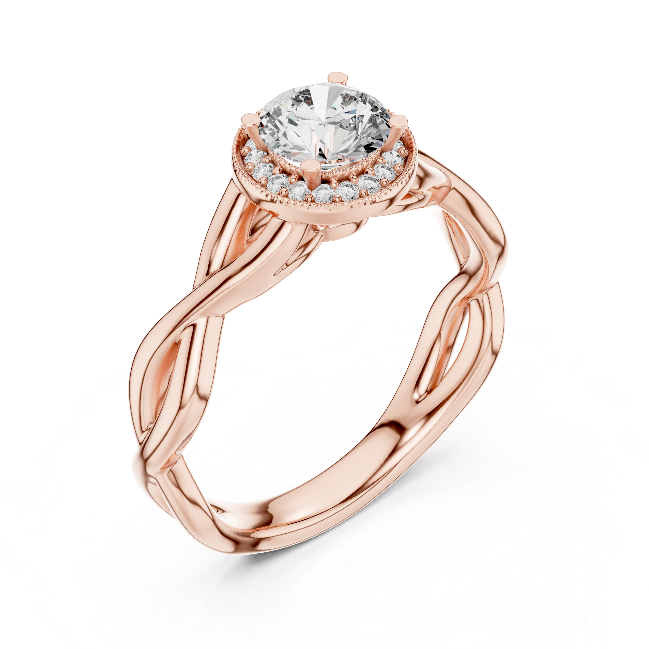 Rose gold ring with a diamond on a white background