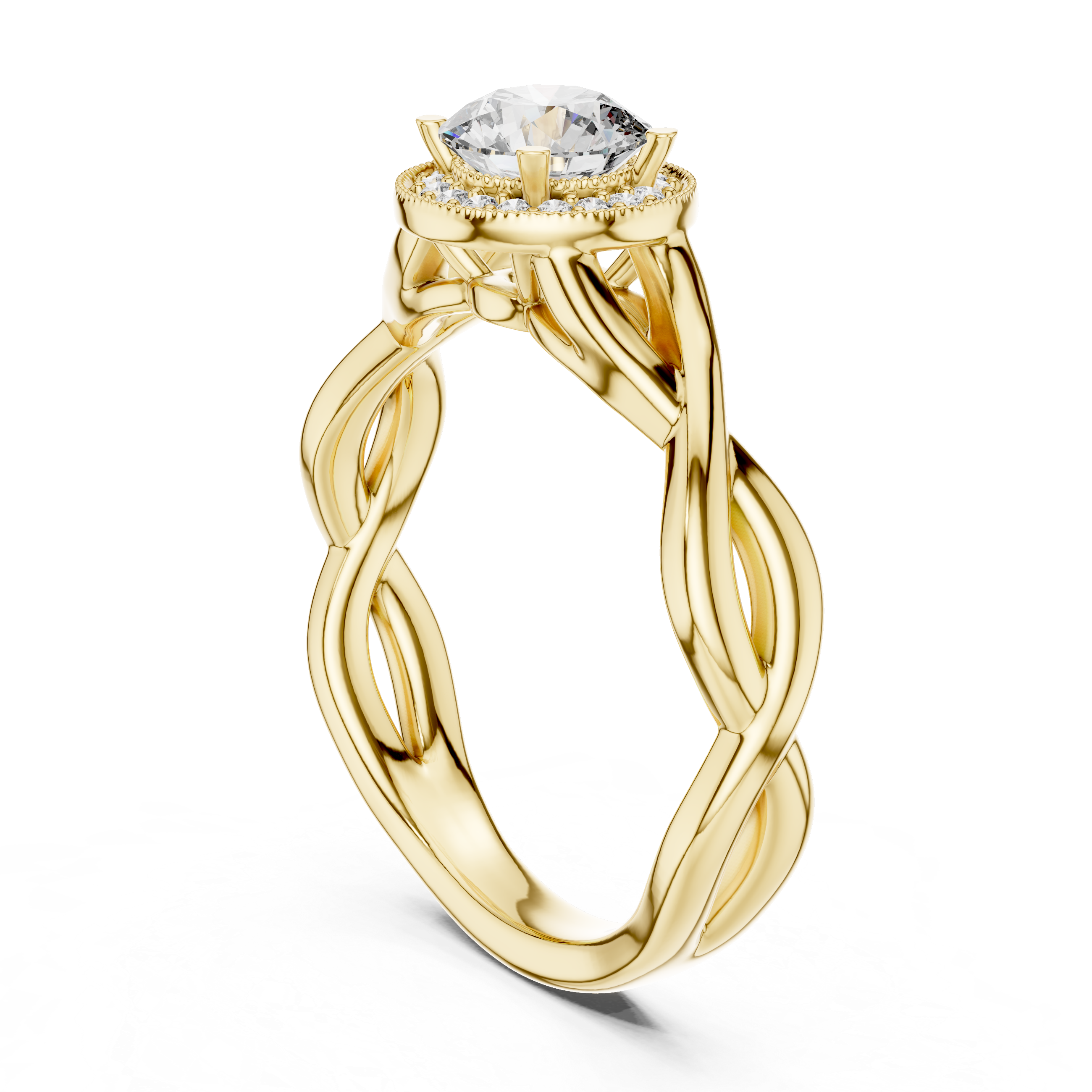 Gold ring with a diamond on a white background