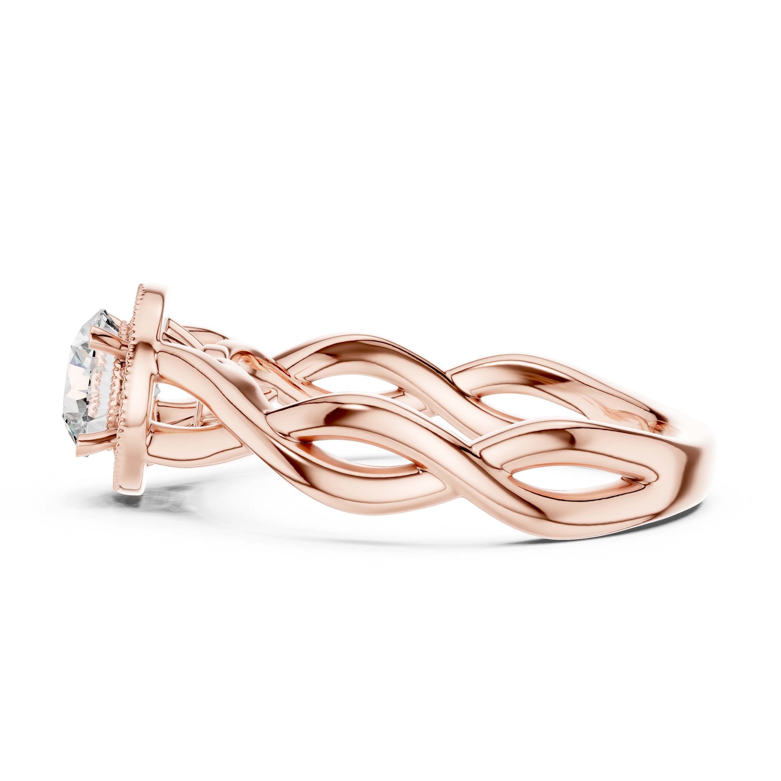 Rose gold ring with a diamond on a white background