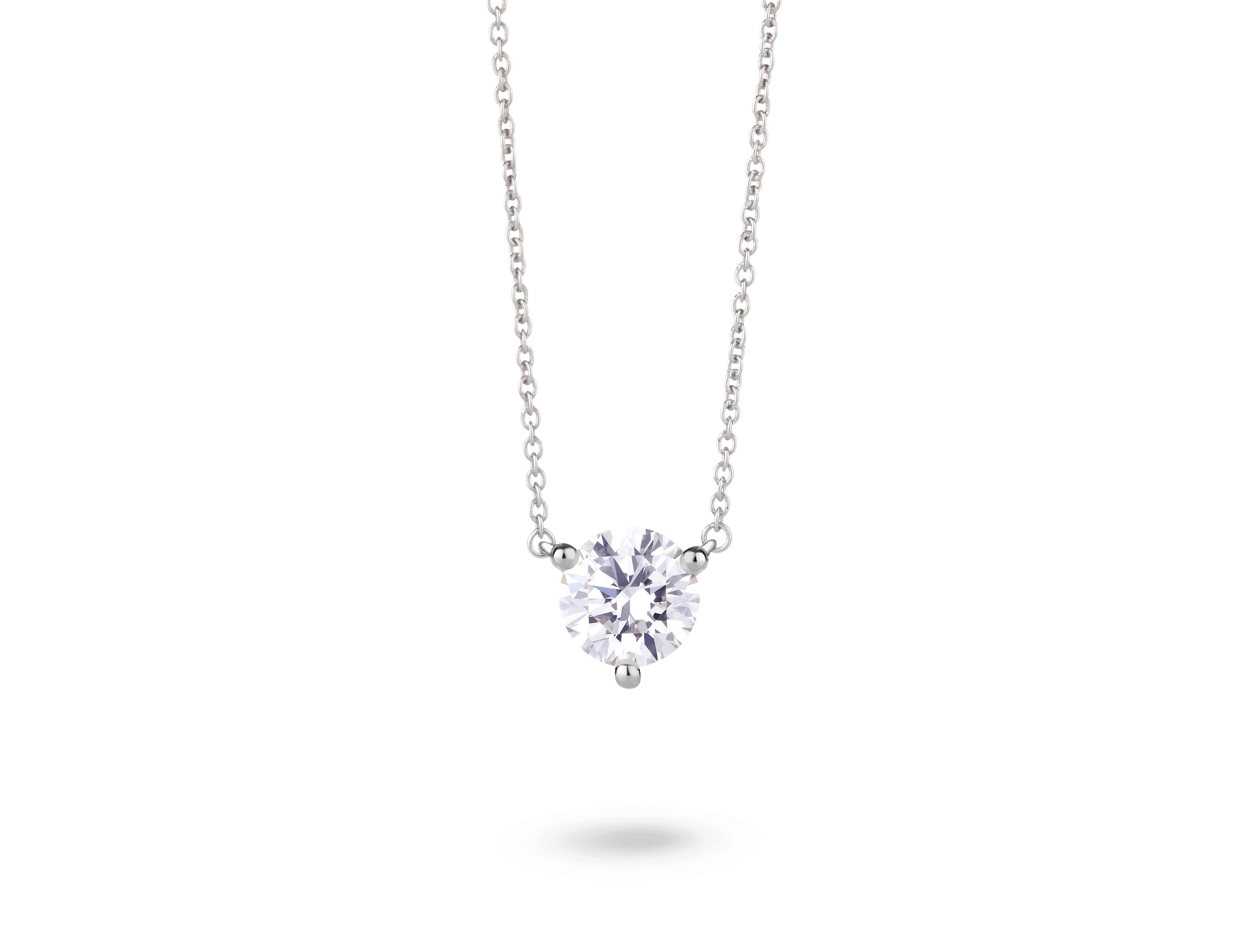Front view of 14k white gold 1 carat solitaire round brilliant pendant with white diamond