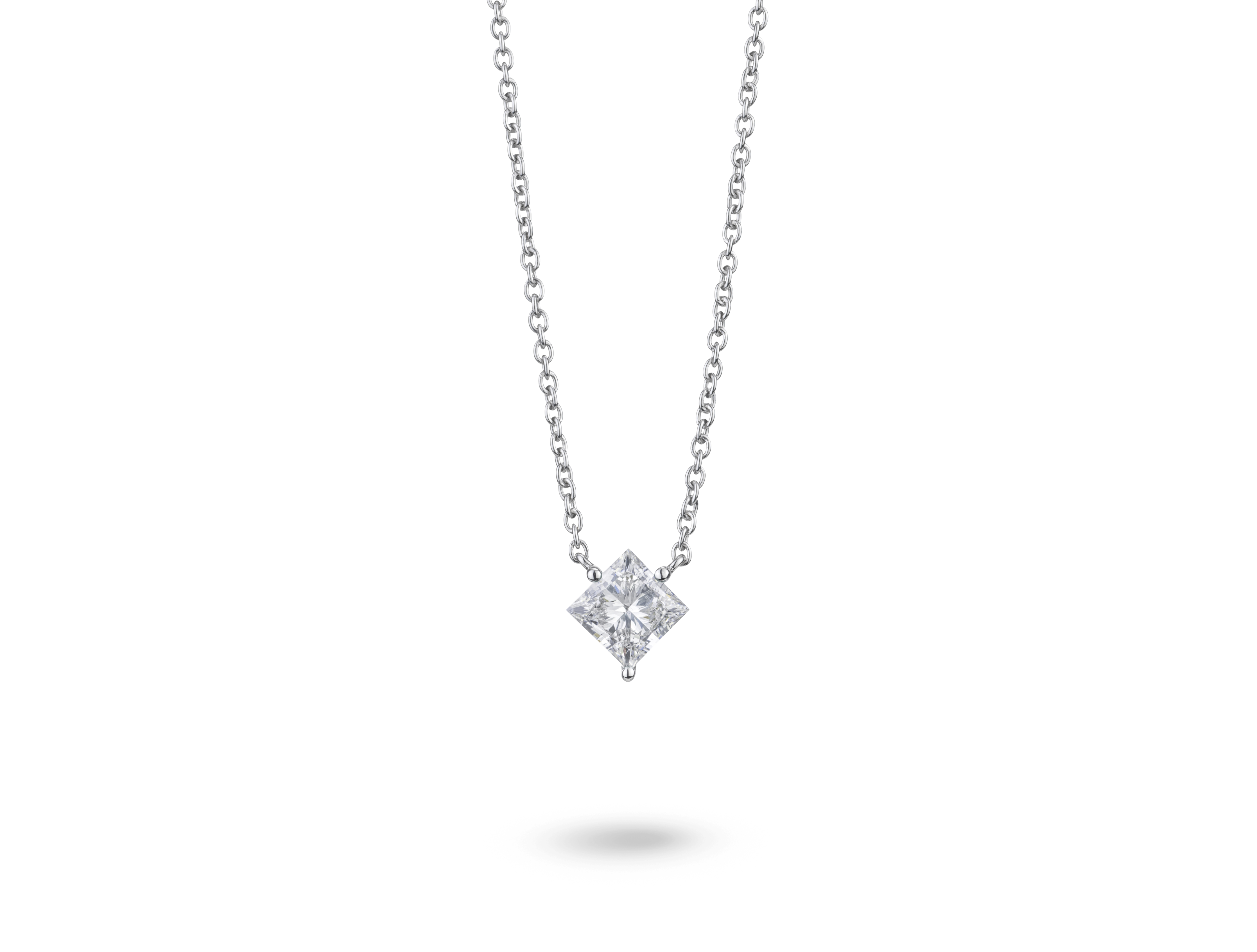 Front view of 14k white gold 1 carat princess cut pendant with white diamond