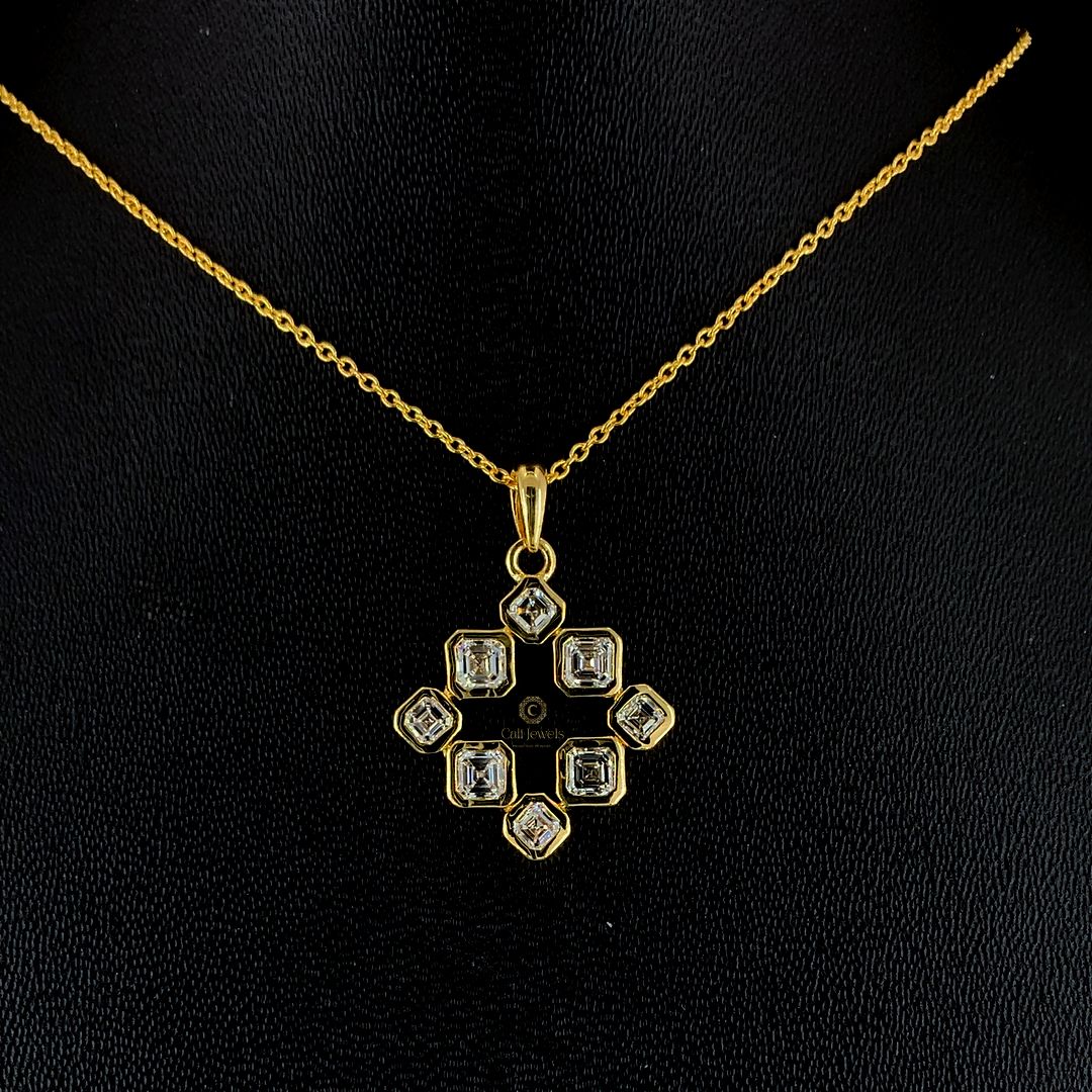 14Kt-White Gold Asscher Cut Lab Grown Diamond Geometric Cluster Pendant Necklace