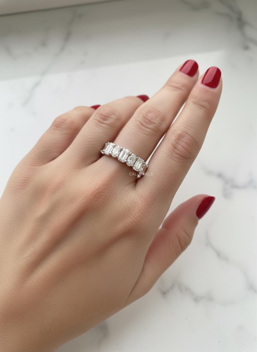 Emerald & Oval Cut Diamond Half Eternity Band