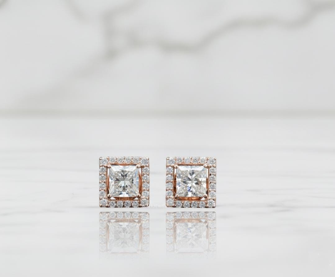 Princess Cut Lab Grown Diamond Halo Earrings