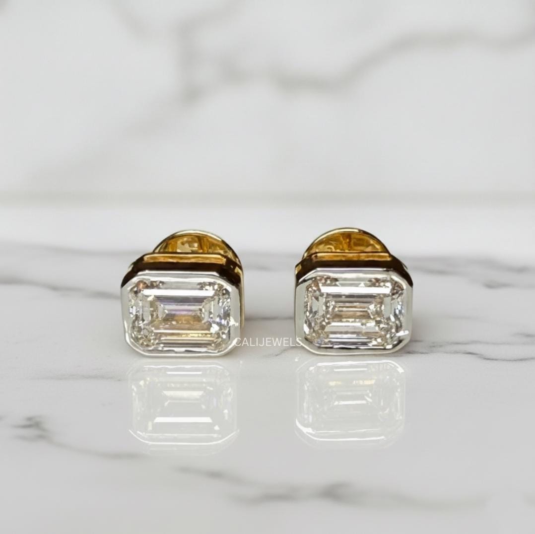 Emerald Cut Lab Diamond Bezel Set Stud Earrings