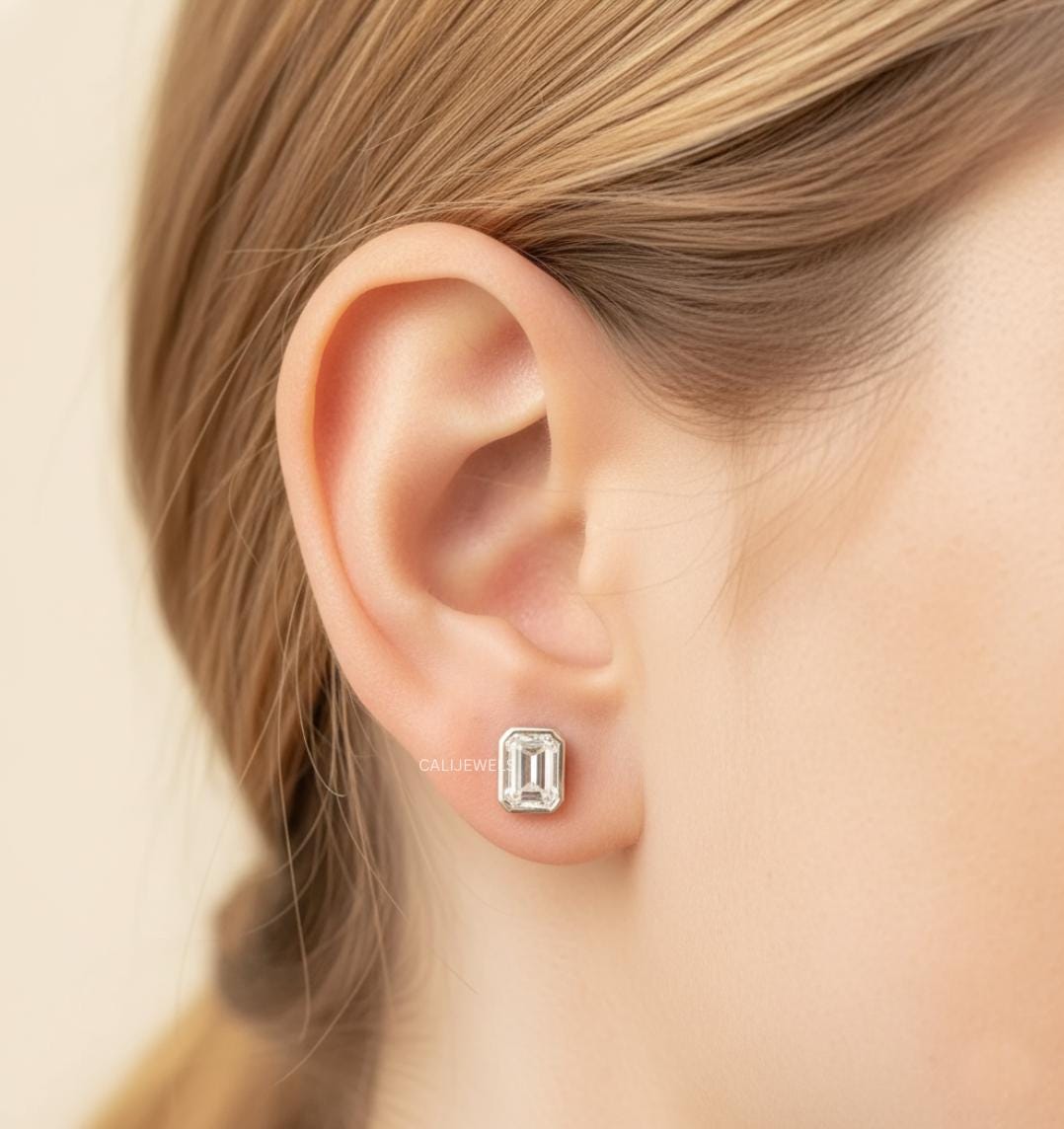 Emerald Cut Lab Diamond Bezel Set Stud Earrings