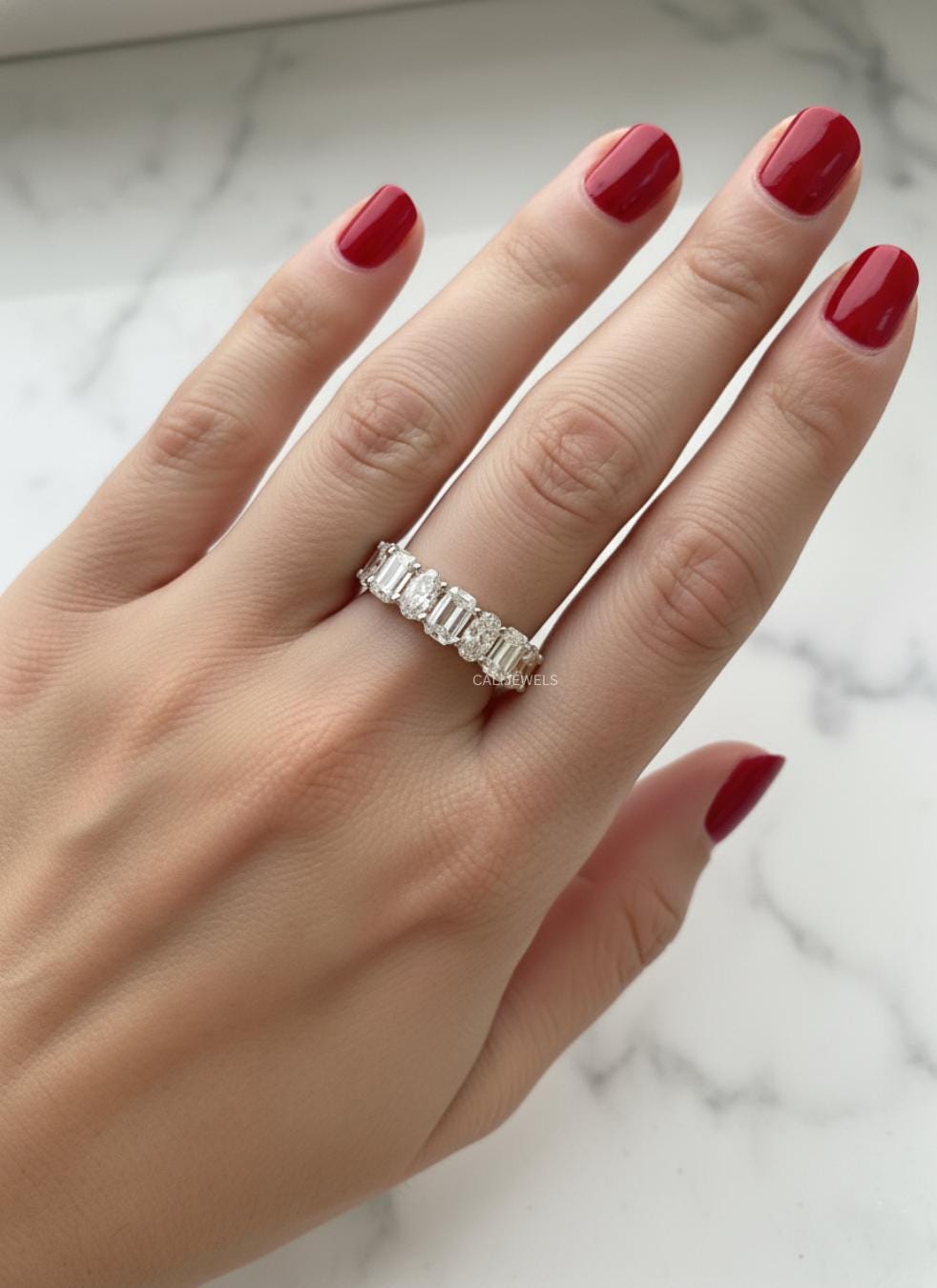 Emerald & Oval Cut Diamond Half Eternity Band