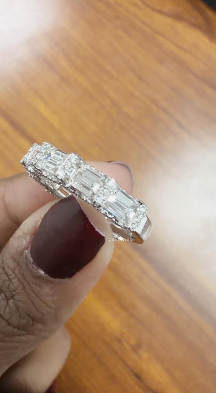 Emerald Cut Lab Diamond with Pave Half Eternity Ring