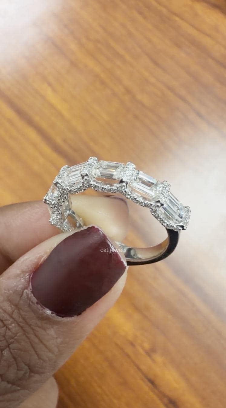Emerald Cut Lab Diamond with Pave Half Eternity Ring