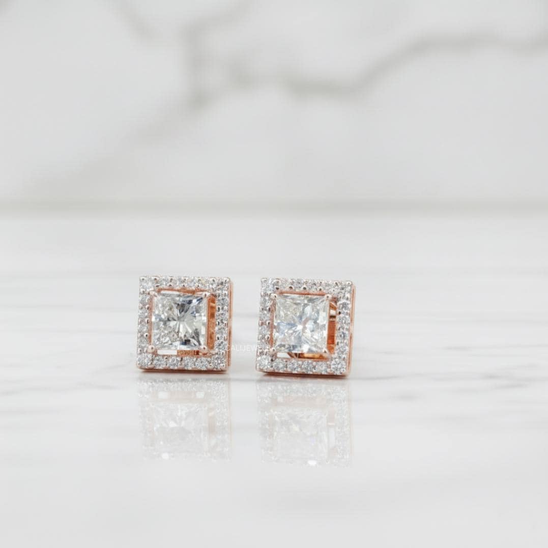 Princess Cut Lab Grown Diamond Halo Earrings