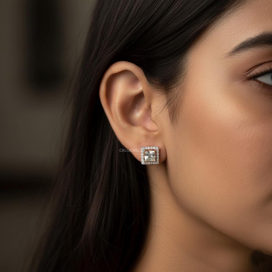Princess Cut Lab Grown Diamond Halo Earrings