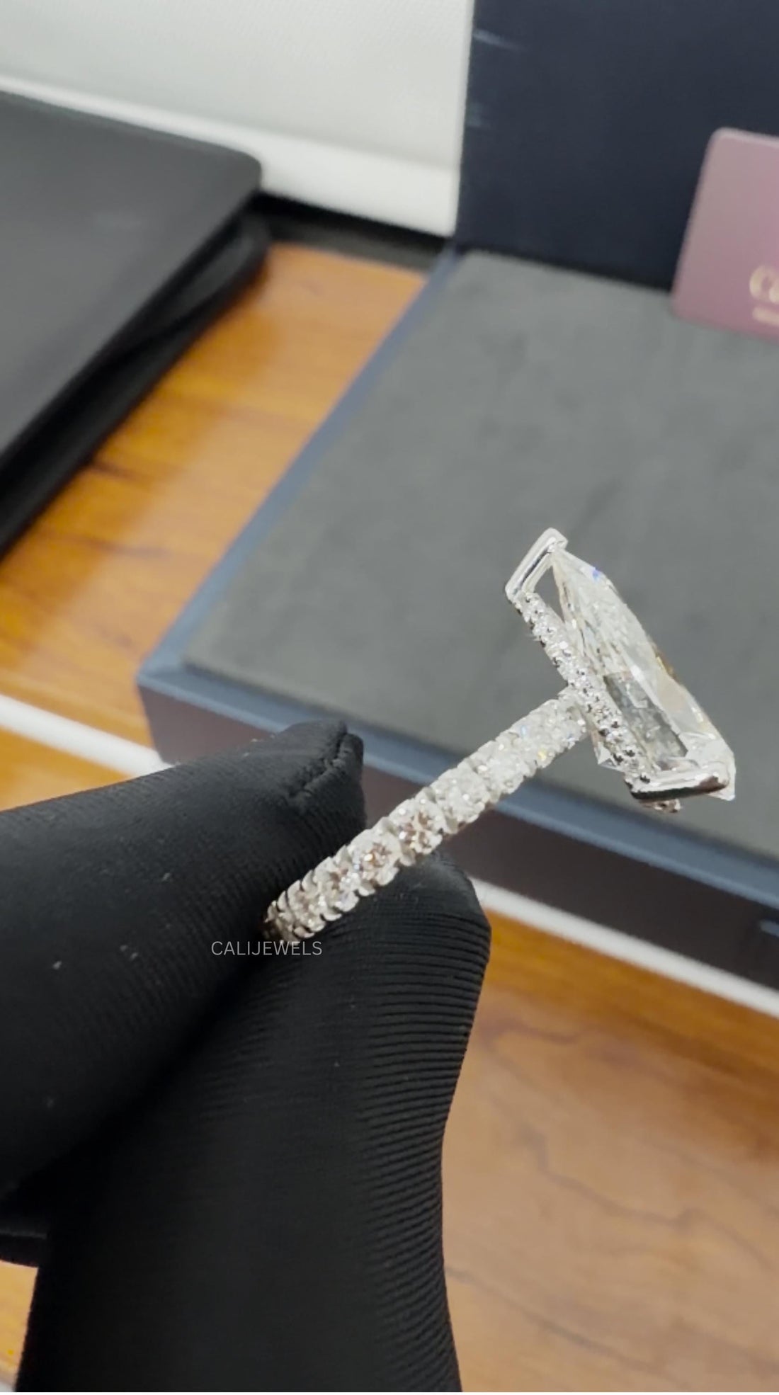 Pear Cut Lab Grown Diamond Engagement Ring with Pave Band