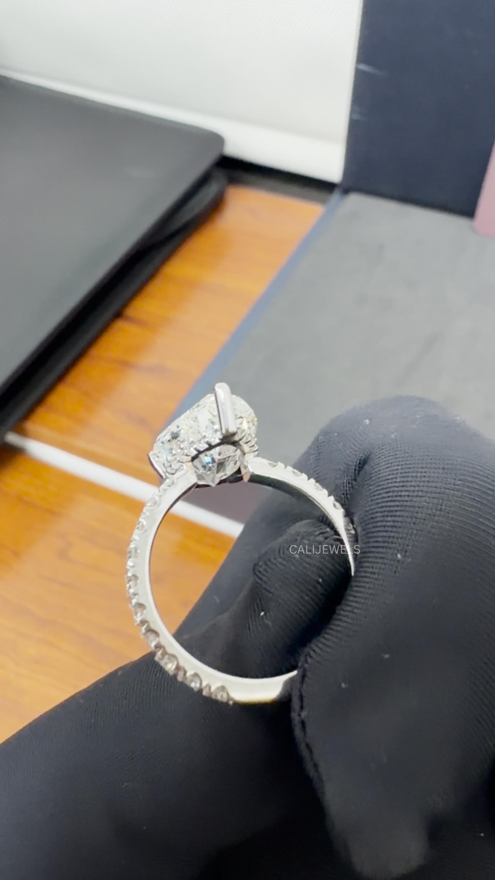 Pear Cut Lab Grown Diamond Engagement Ring with Pave Band