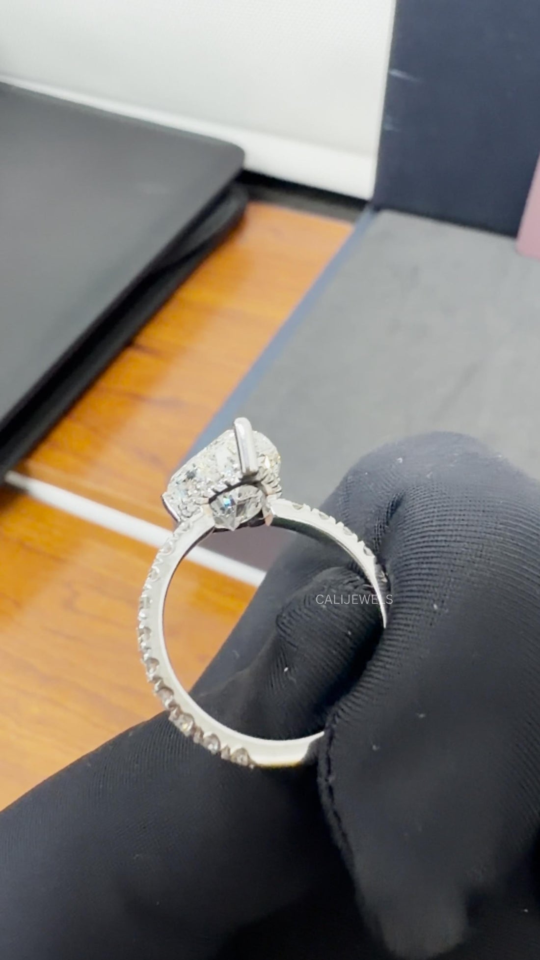 Pear Cut Lab Grown Diamond Engagement Ring with Pave Band
