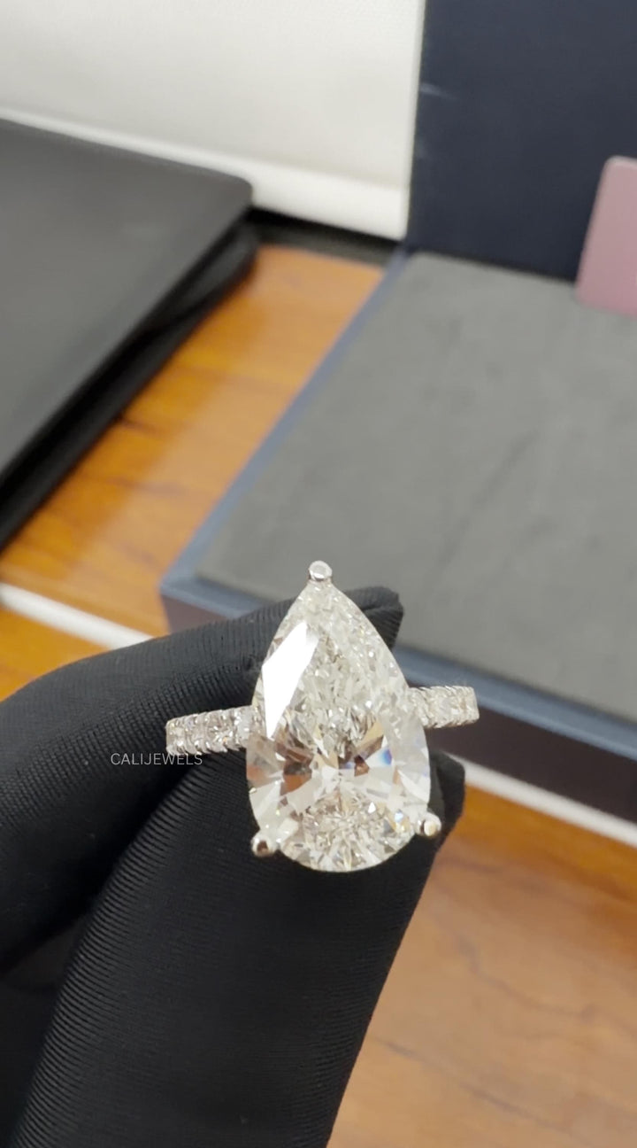 Pear Cut Lab Grown Diamond Engagement Ring with Pave Band