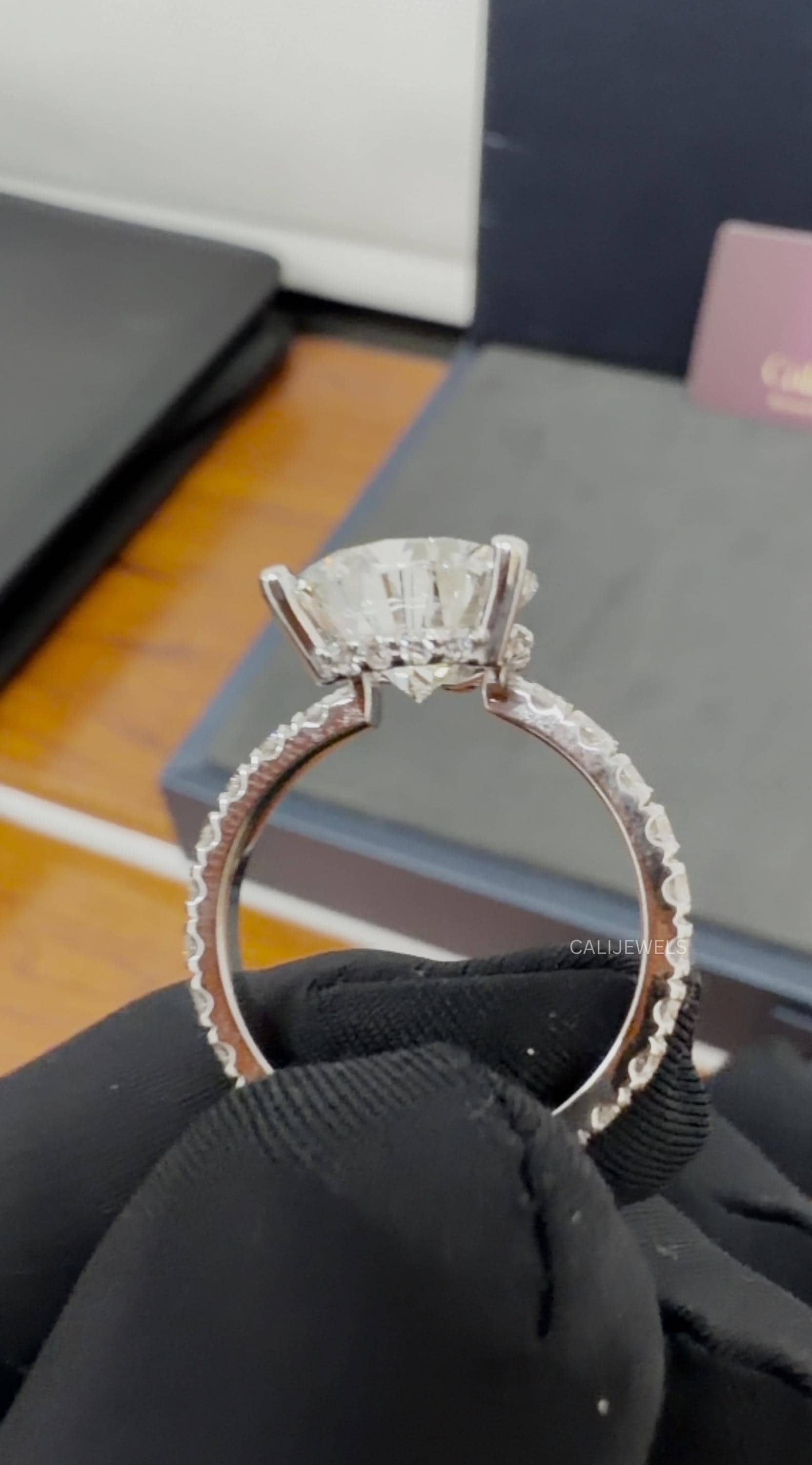 Pear Cut Lab Grown Diamond Engagement Ring with Pave Band