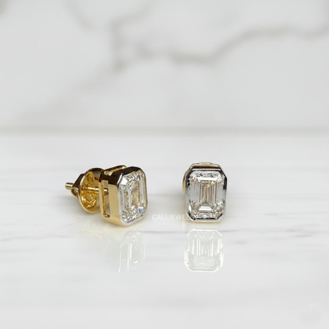 Emerald Cut Lab Diamond Bezel Set Stud Earrings