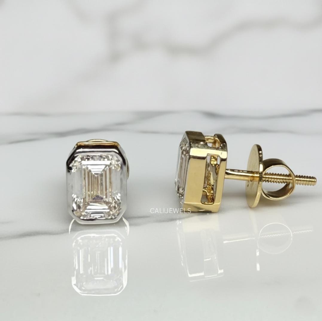 Emerald Cut Lab Diamond Bezel Set Stud Earrings