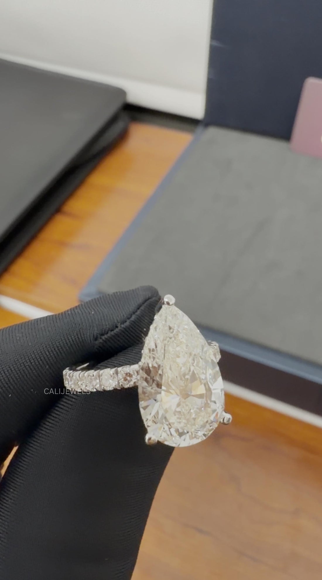 Pear Cut Lab Grown Diamond Engagement Ring with Pave Band