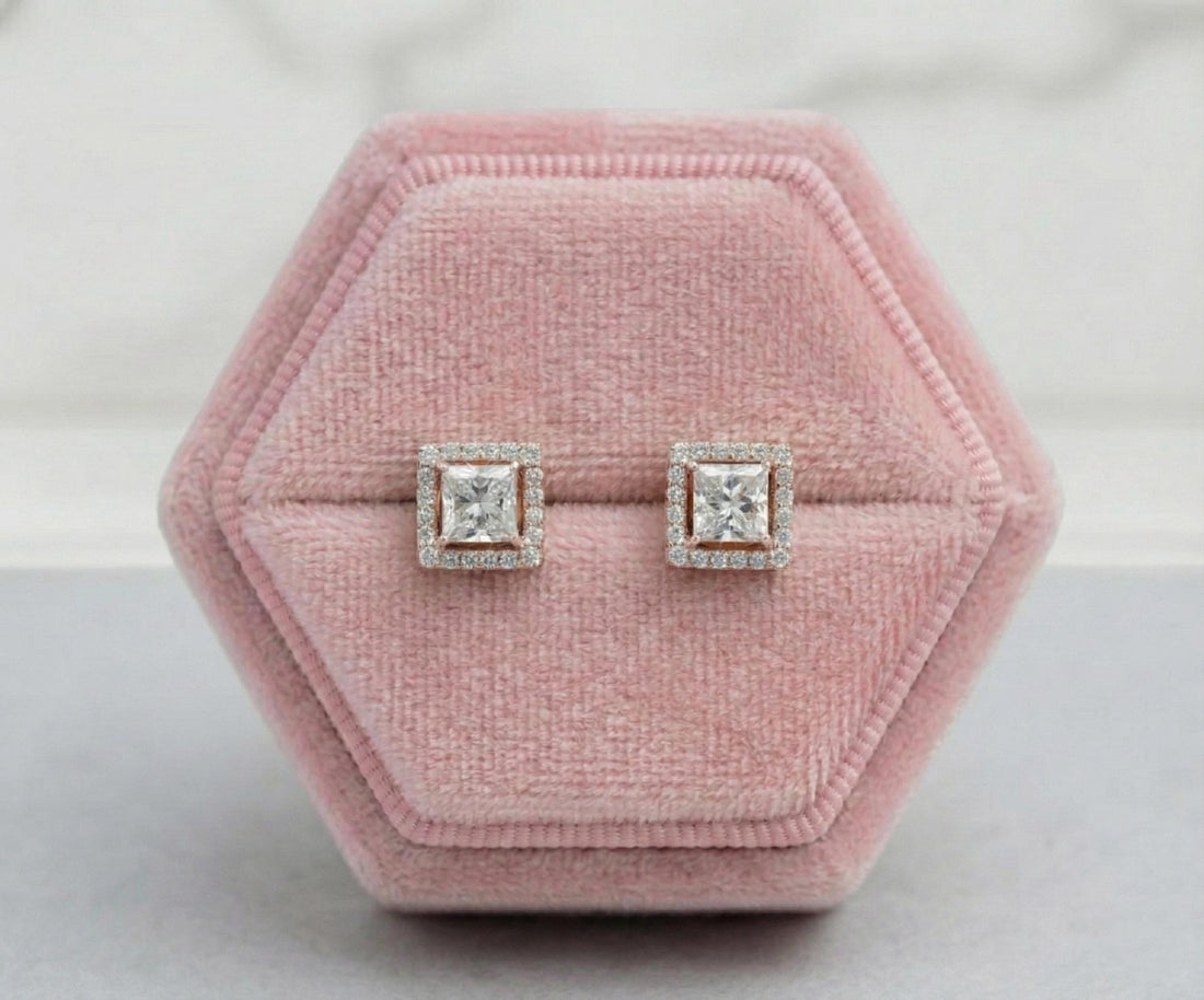 Princess Cut Lab Grown Diamond Halo Earrings