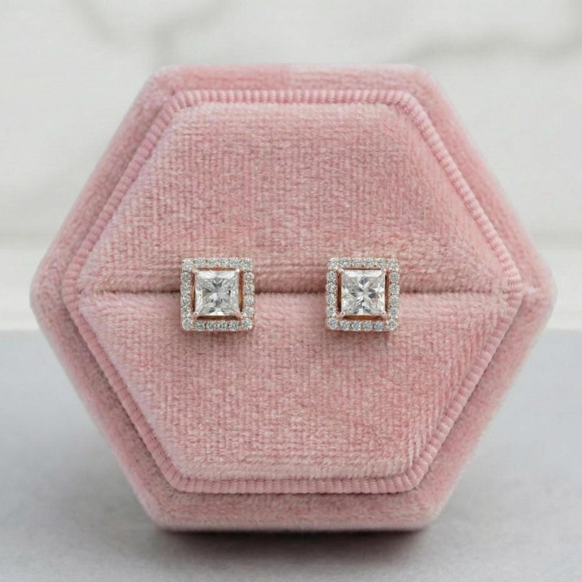 Princess Cut Lab Grown Diamond Halo Earrings