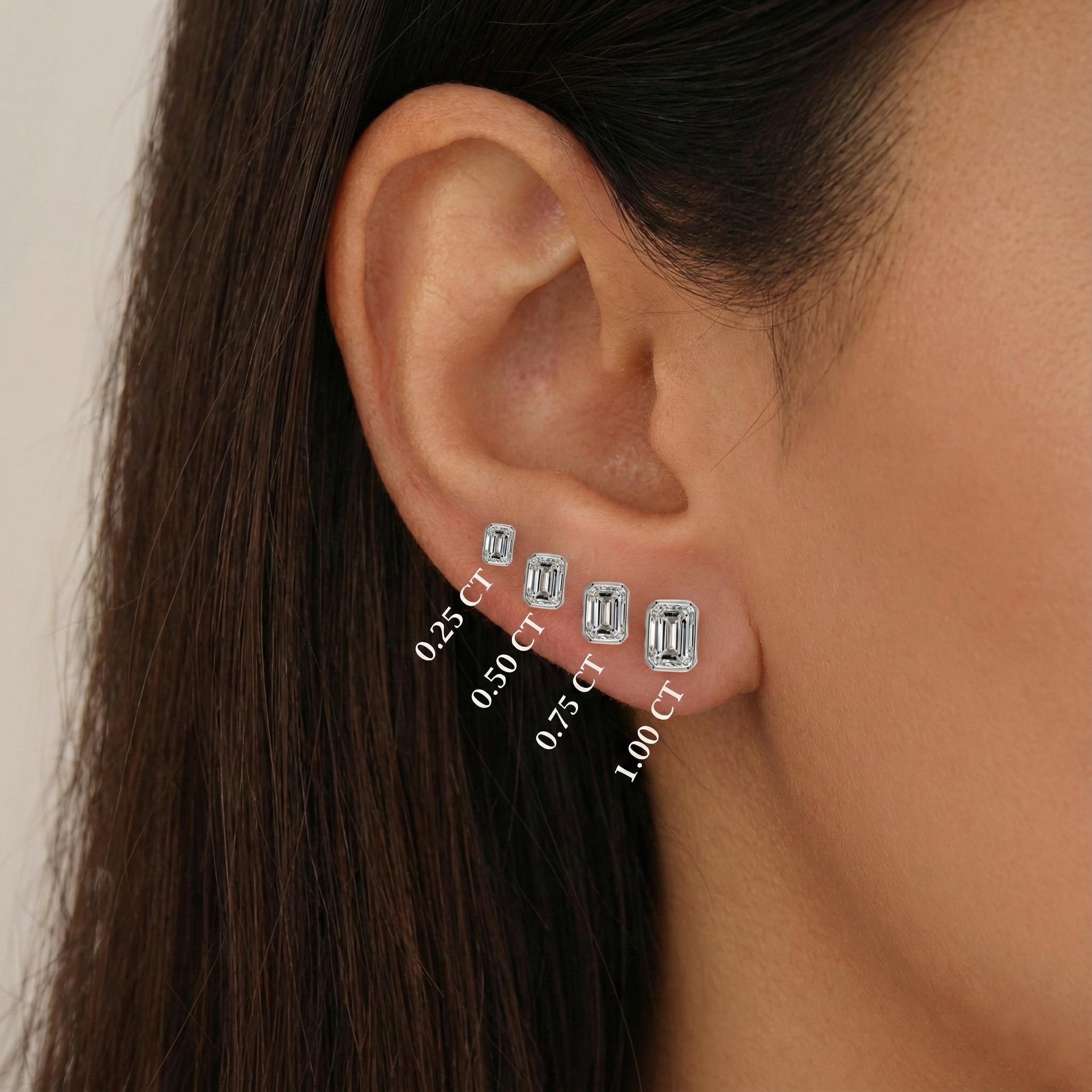 Emerald Cut Lab Diamond Bezel Set Stud Earrings