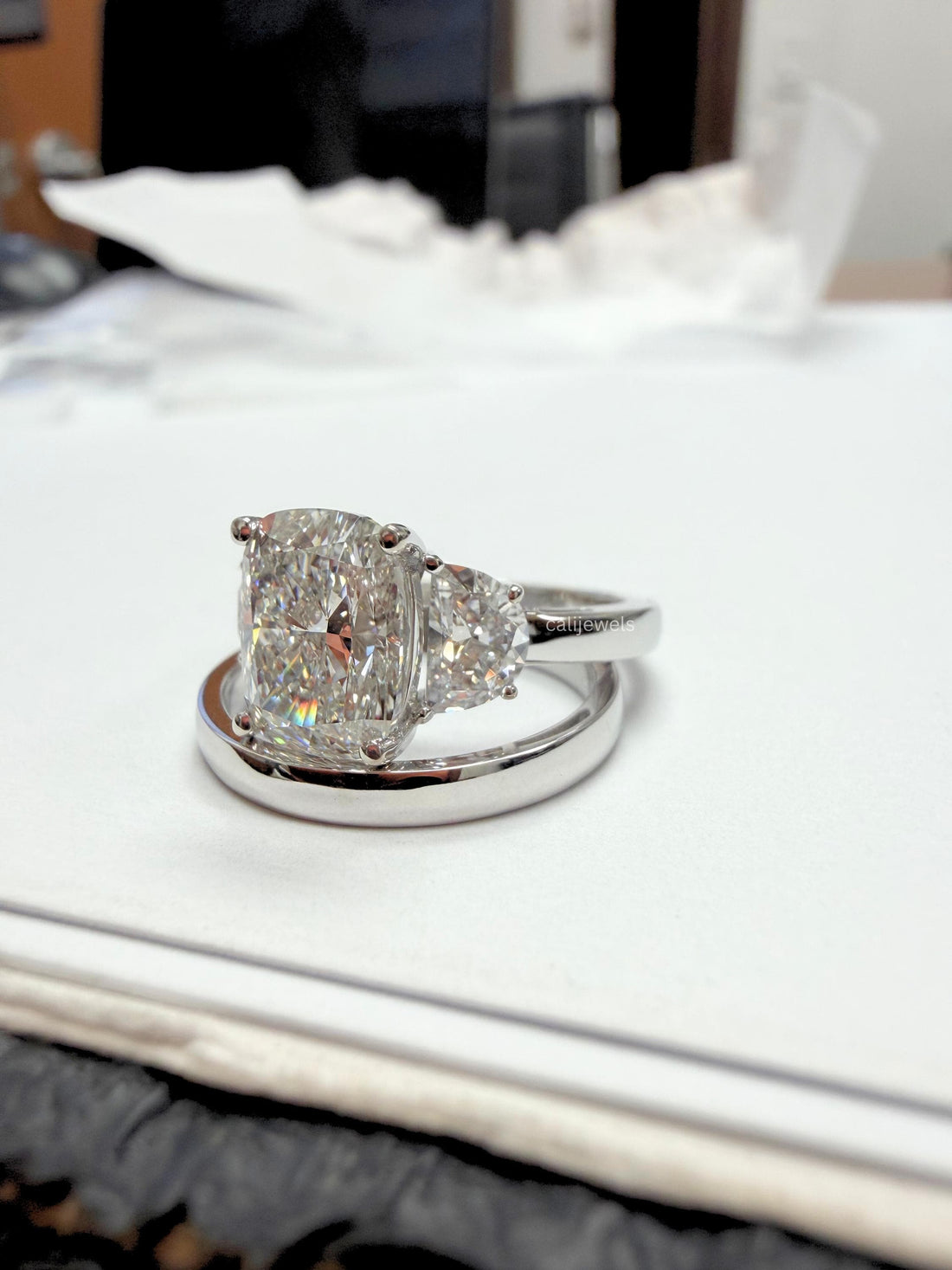 Cushion and  Half Moon Cut Lab Grown Diamond Three Stone Ring