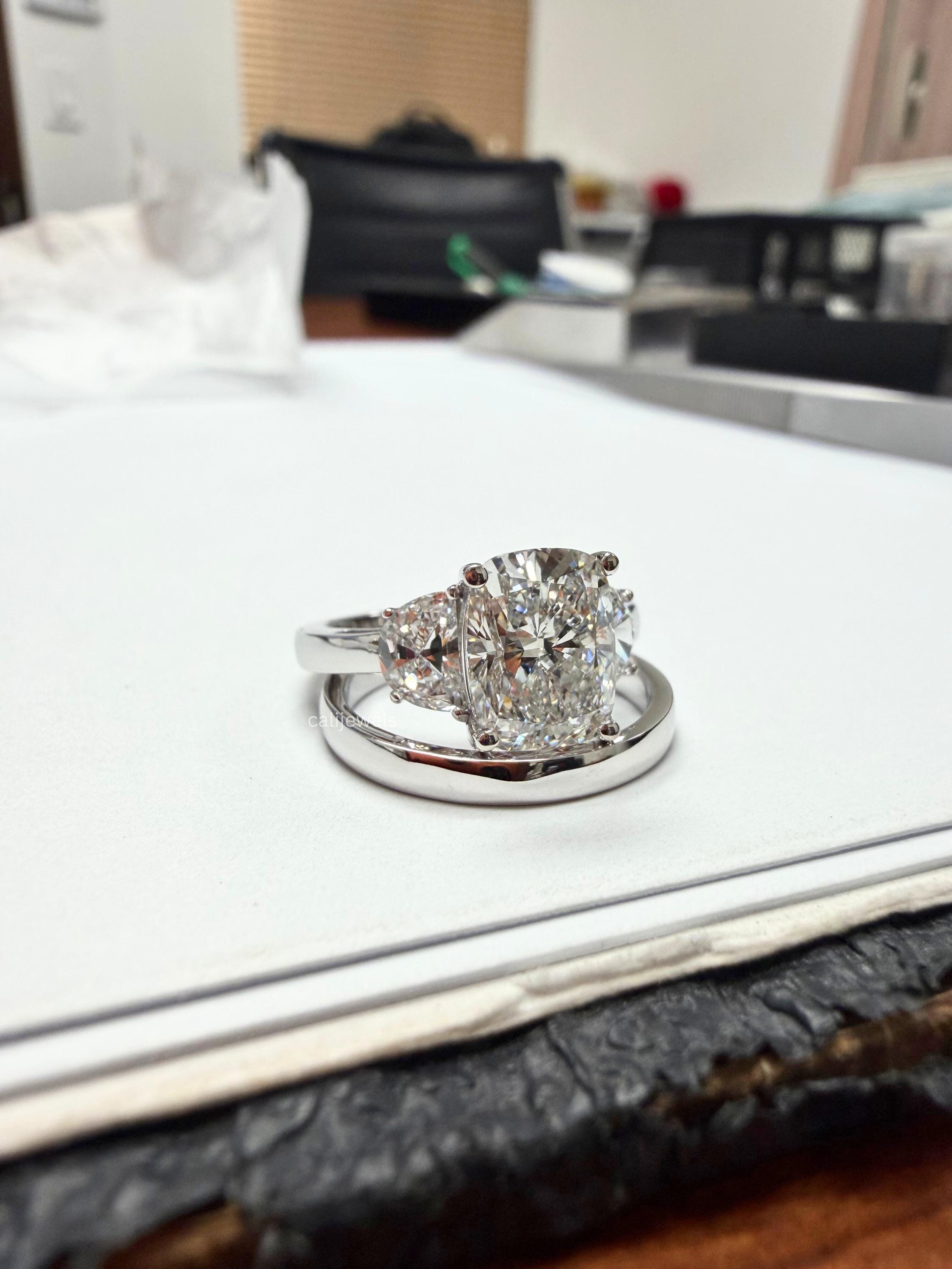 Cushion and  Half Moon Cut Lab Grown Diamond Three Stone Ring