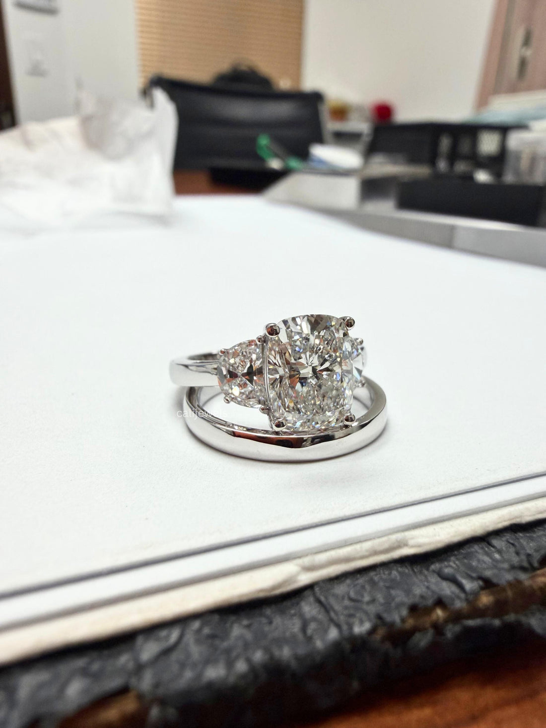 Cushion and  Half Moon Cut Lab Grown Diamond Three Stone Ring