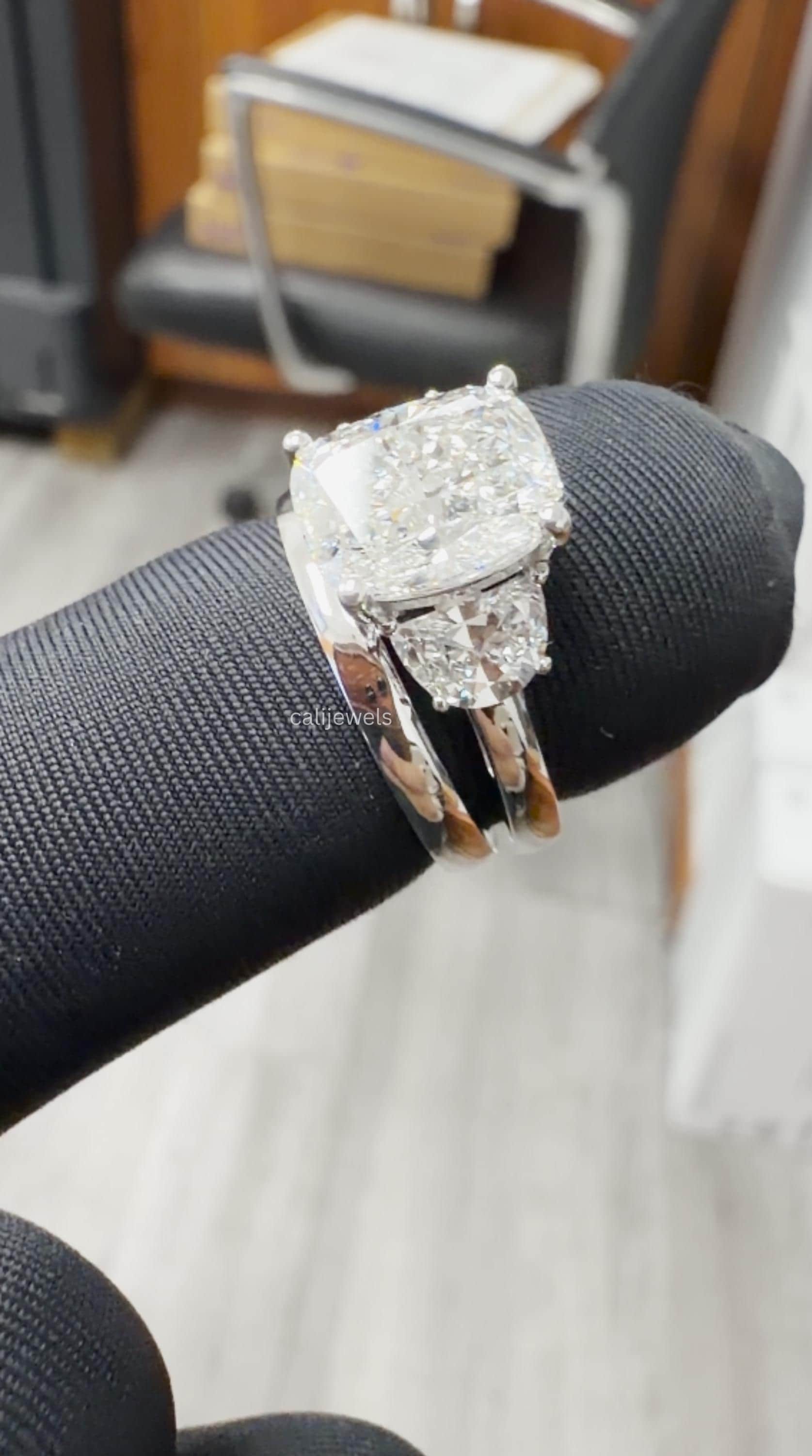 Cushion and  Half Moon Cut Lab Grown Diamond Three Stone Ring