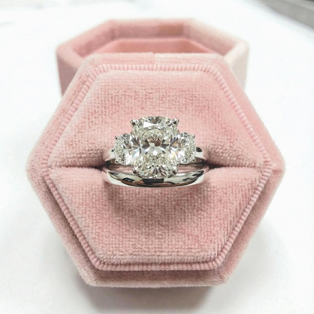 Cushion and  Half Moon Cut Lab Grown Diamond Three Stone Ring