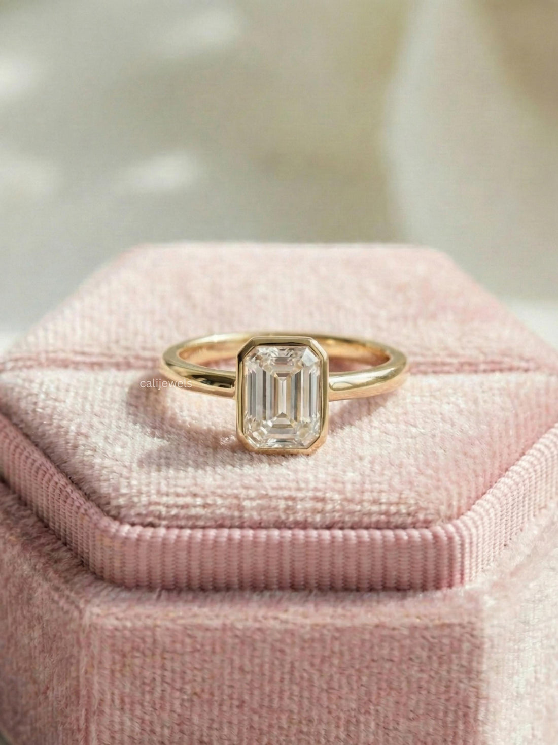 Emerald Cut Lab Grown Diamond Bezel Set Engagement Ring