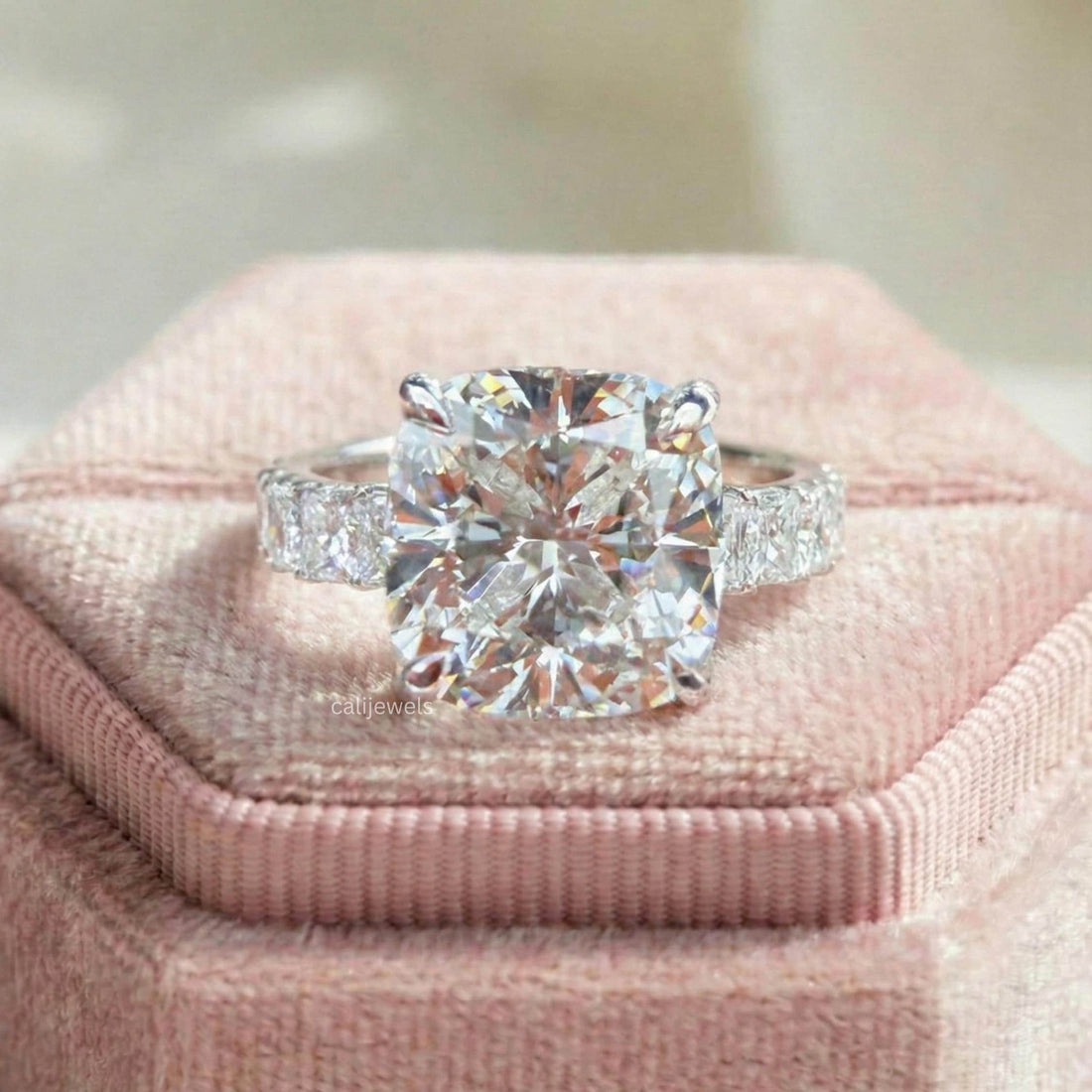 Square Cushion Cut Lab Diamond Pave Solitaire Engagement Ring