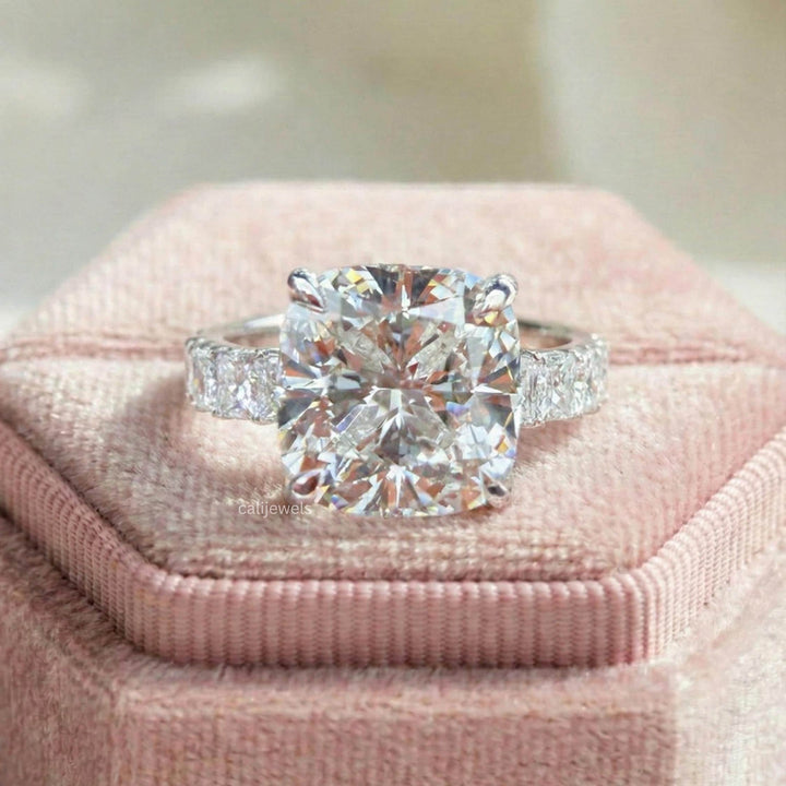 Square Cushion Cut Lab Diamond Pave Solitaire Engagement Ring