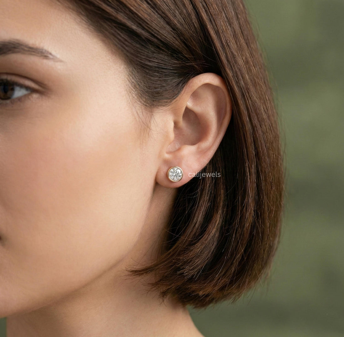 Round Lab Diamond Bezel Set Stud Earrings