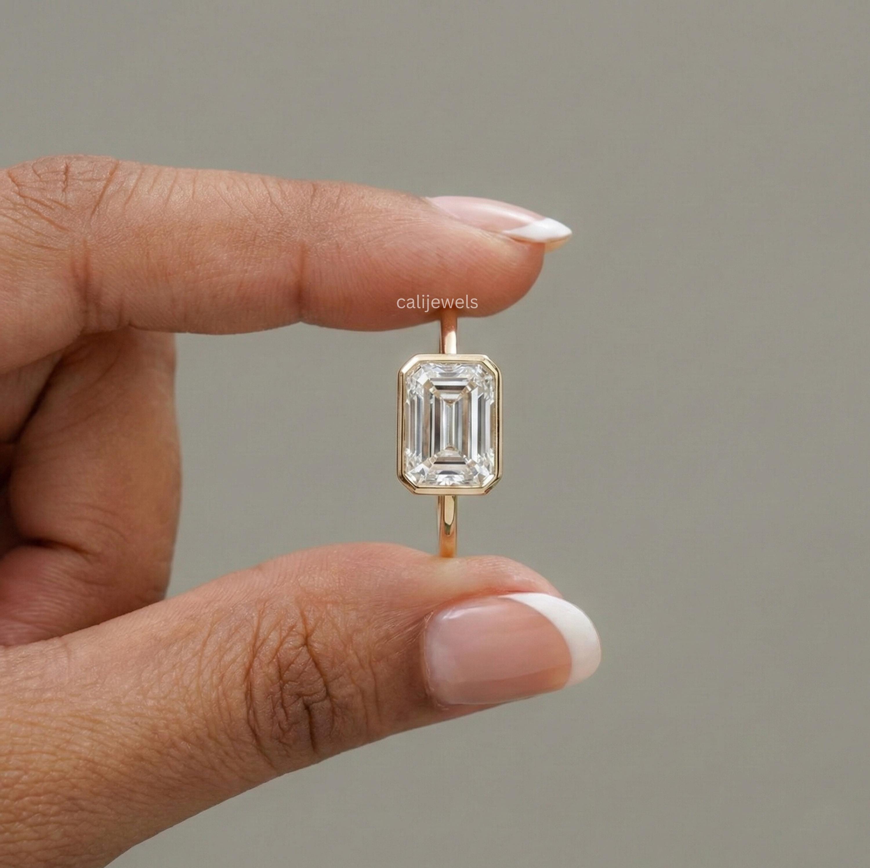 Emerald Cut Lab Diamond Bezel Set Solitaire Ring