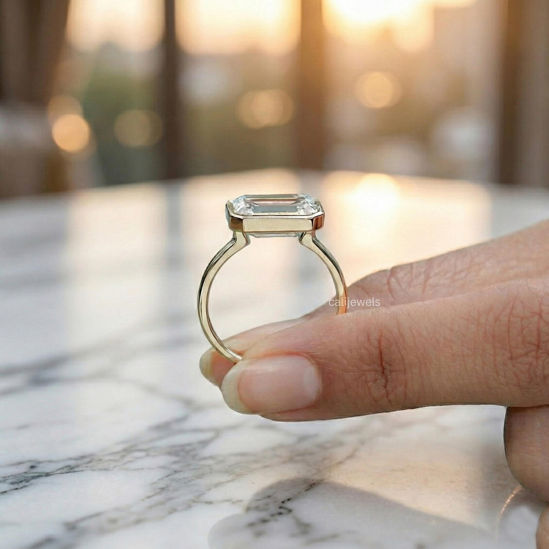 Emerald Cut Lab Diamond Bezel Set Solitaire Ring