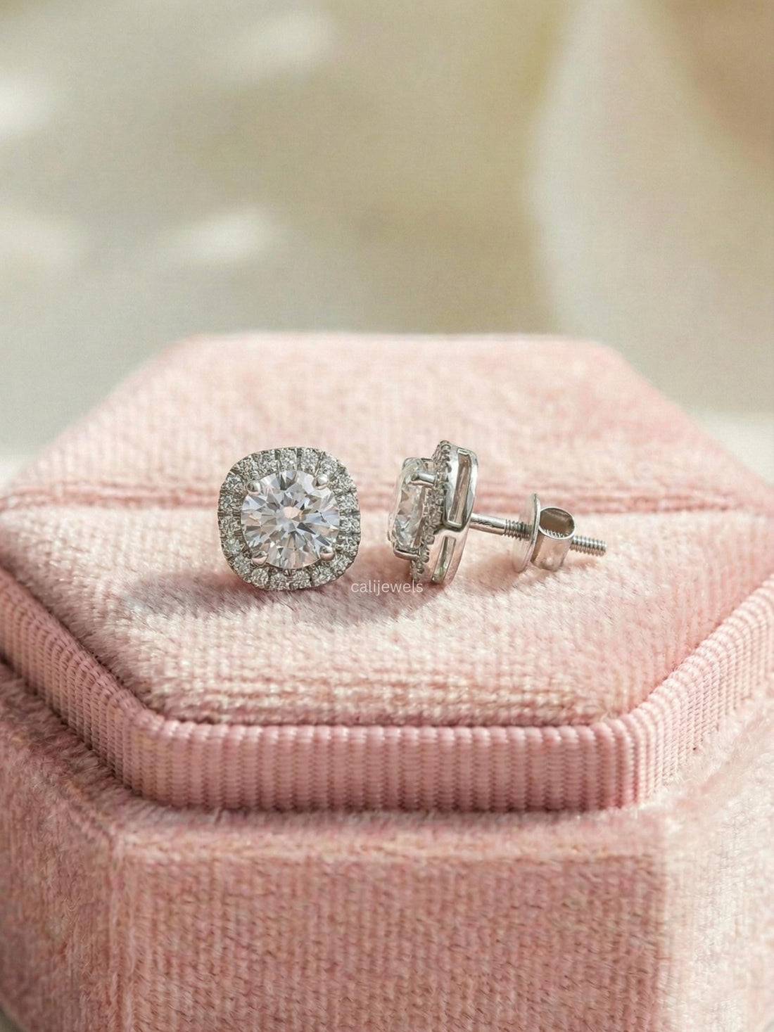 Round Cut Lab Grown Diamond Halo Stud Earrings