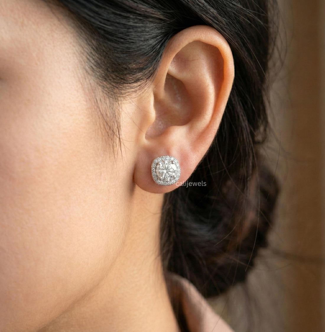 Round Cut Lab Grown Diamond Halo Stud Earrings
