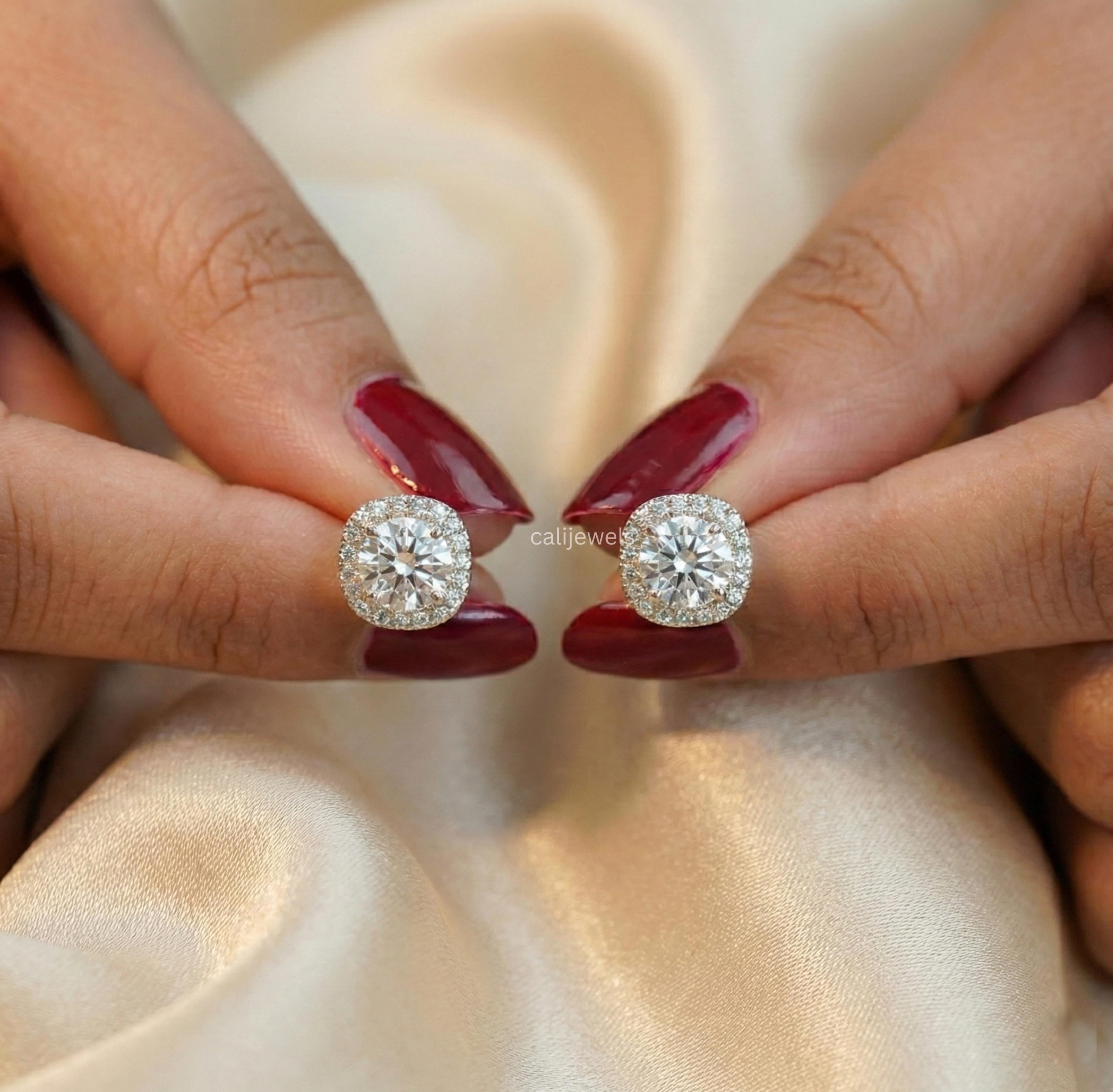 Round Cut Lab Grown Diamond Halo Stud Earrings