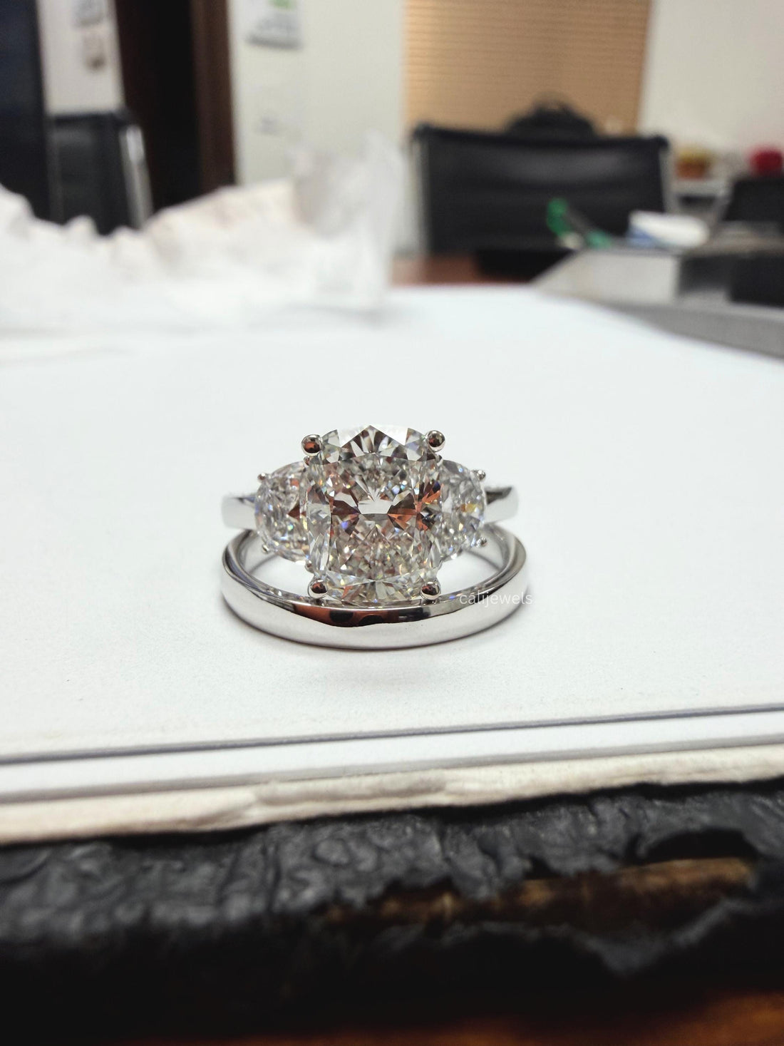 Cushion and  Half Moon Cut Lab Grown Diamond Three Stone Ring