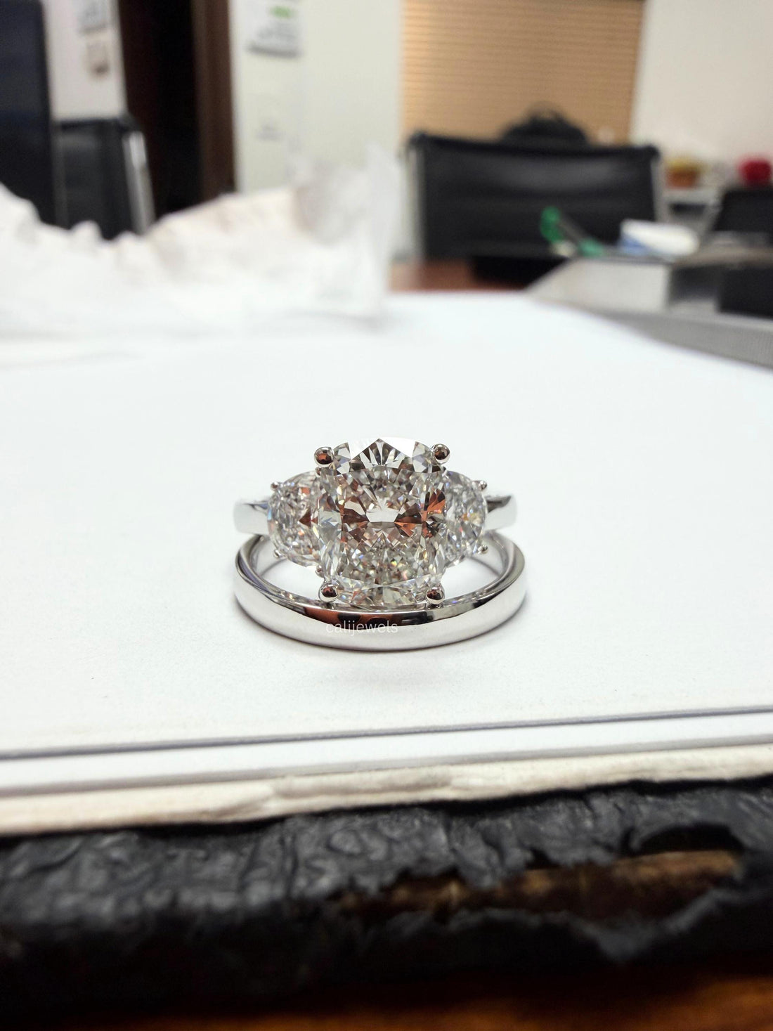 Cushion and  Half Moon Cut Lab Grown Diamond Three Stone Ring