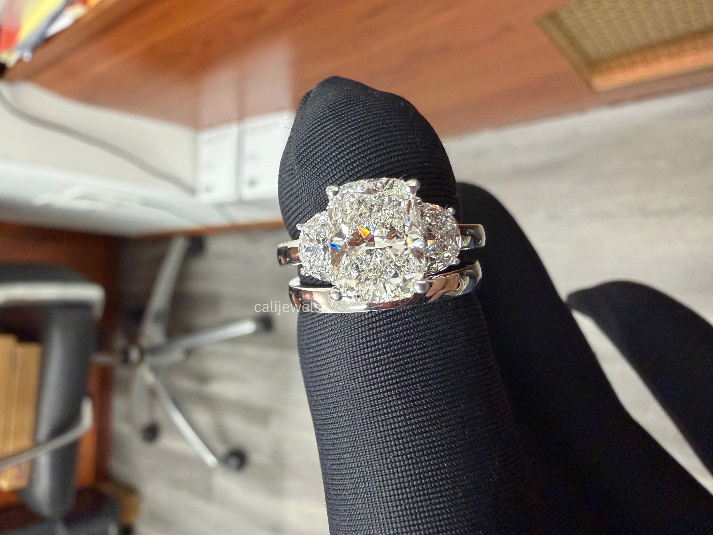 Cushion and  Half Moon Cut Lab Grown Diamond Three Stone Ring