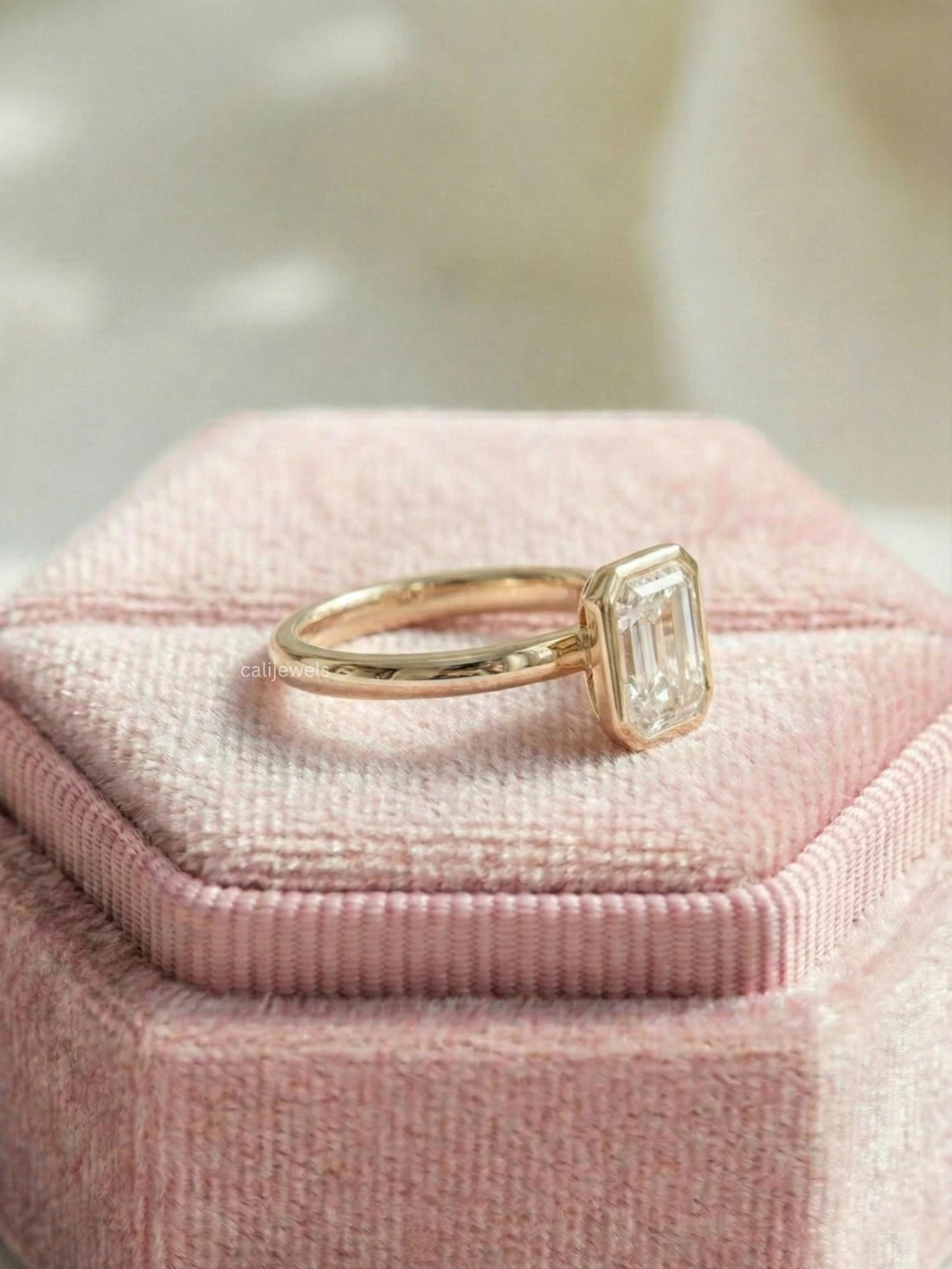 Emerald Cut Lab Grown Diamond Bezel Set Engagement Ring