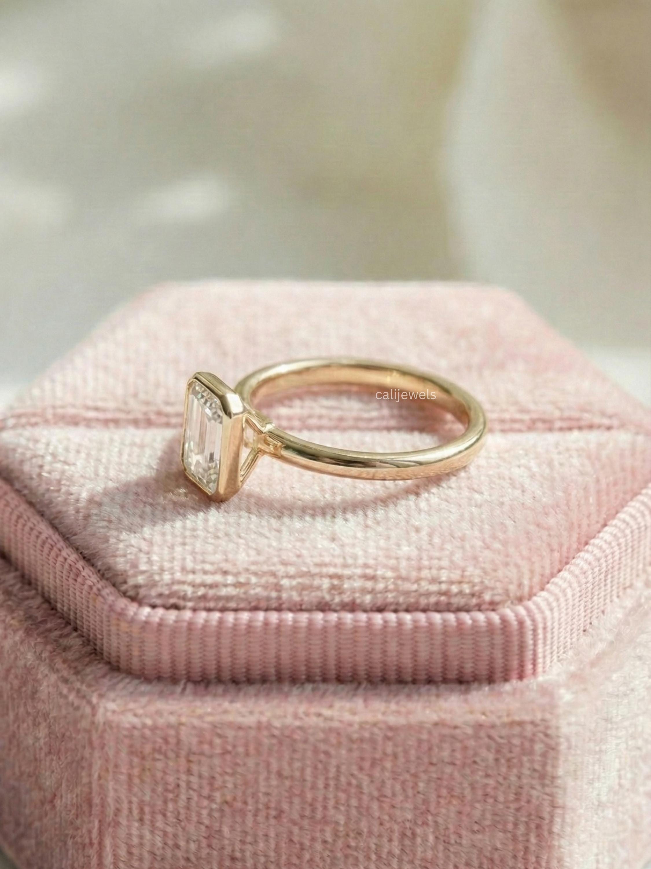 Emerald Cut Lab Grown Diamond Bezel Set Engagement Ring