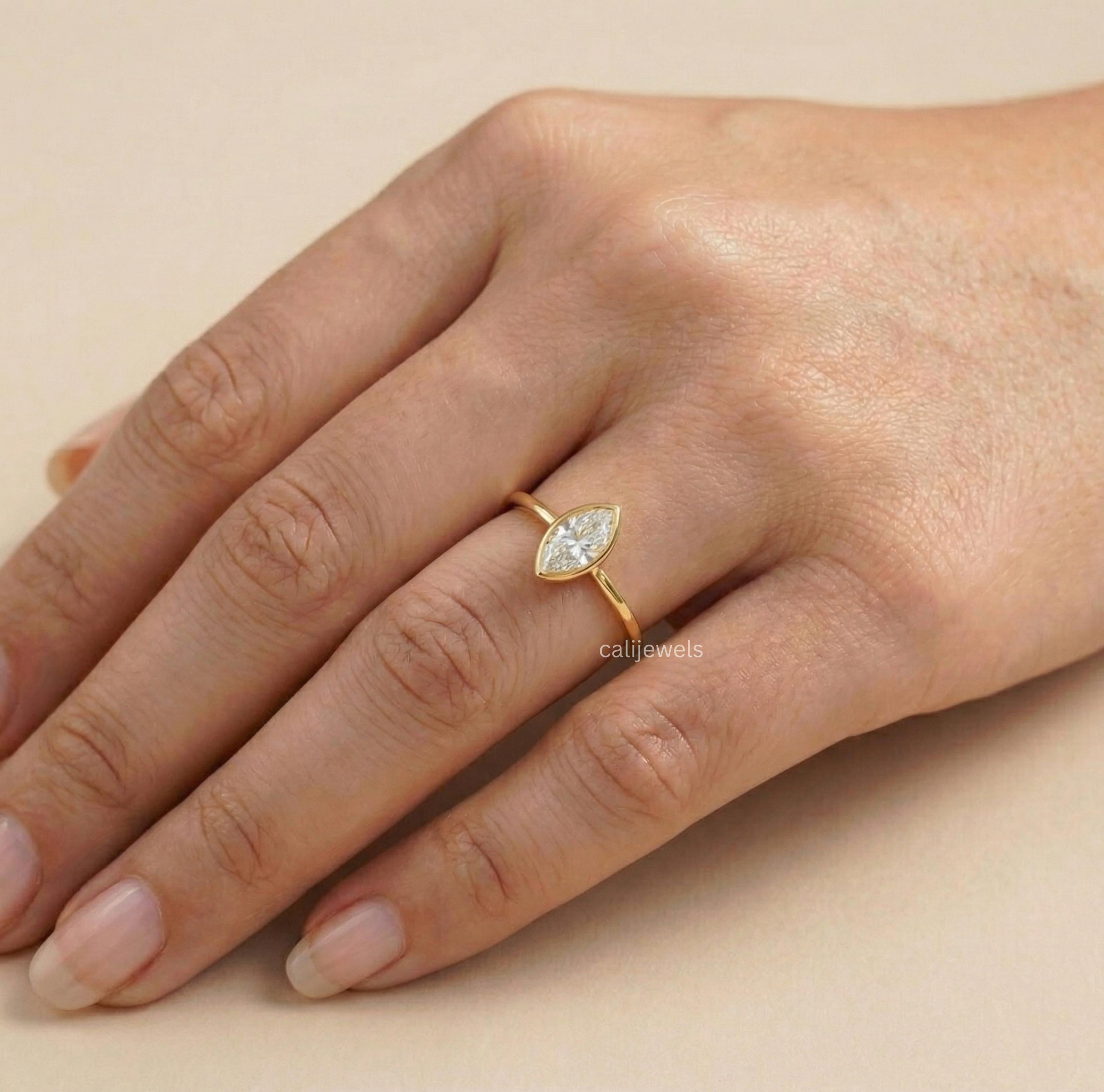Marquise Lab Diamond Bezel Set Engagement Ring