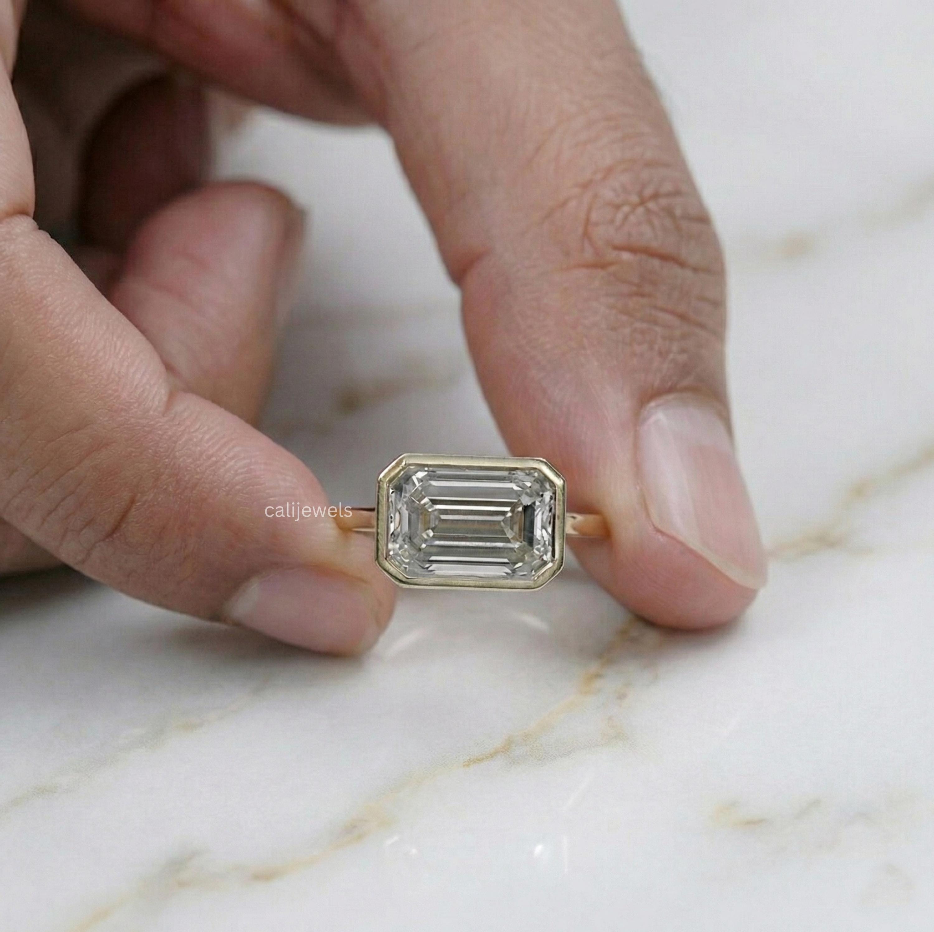 Emerald Cut Lab Diamond Bezel Set Solitaire Ring
