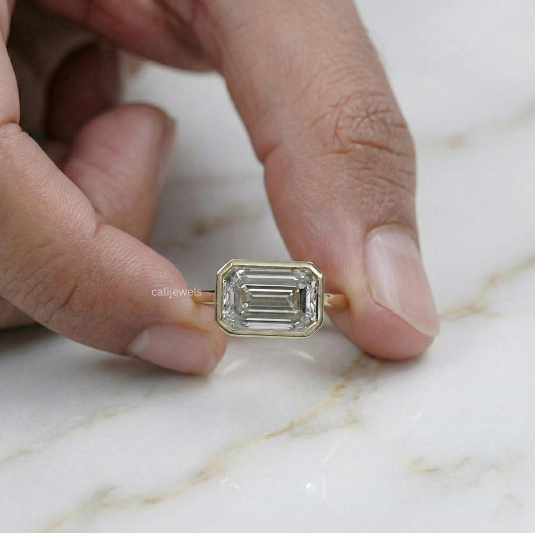 Emerald Cut Lab Diamond Bezel Set Solitaire Ring