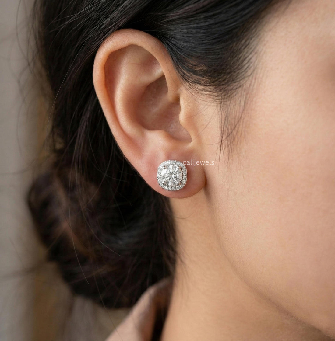 Round Cut Lab Grown Diamond Halo Stud Earrings