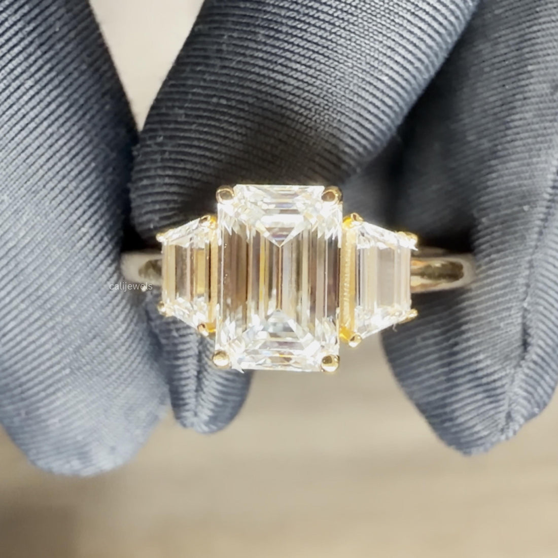 Emerald Lab Diamond Three Tone Engagement Ring